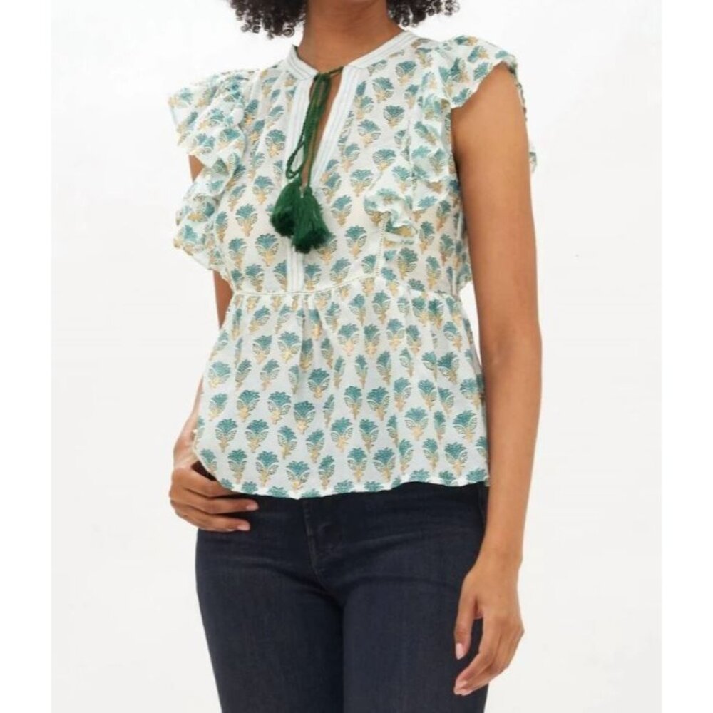 Oliphant Green and Blue Floral Short Sleeve Top